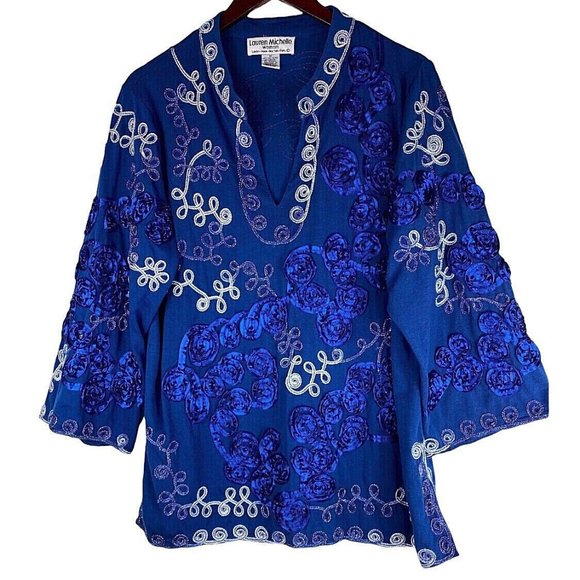 Lauren Michelle 1X 16 18 Top Tunic Shirt Floral Embroidered Blue White Romantic - Picture 1 of 5